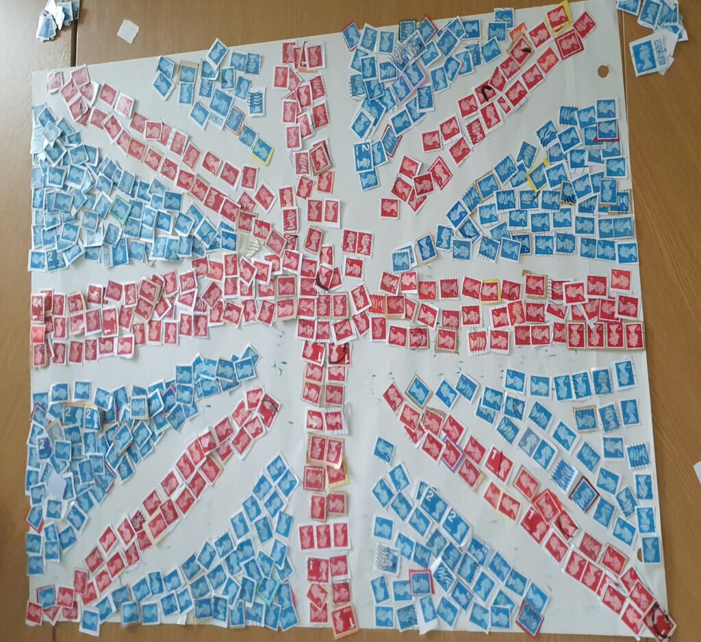Union Jack made out of stamps during creative session of Cognitive Stimulation Therapy